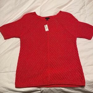 Talbots Red & Metallic Short Sleeve Crew Neck Knit Sweater Size Petite Large